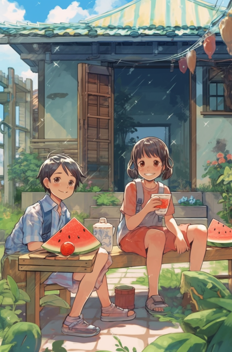 小孩坐在屋前友好的吃着西瓜创意插画背景,插画/手绘图,插画/手绘图库,插画/手绘图下载,插画/手绘